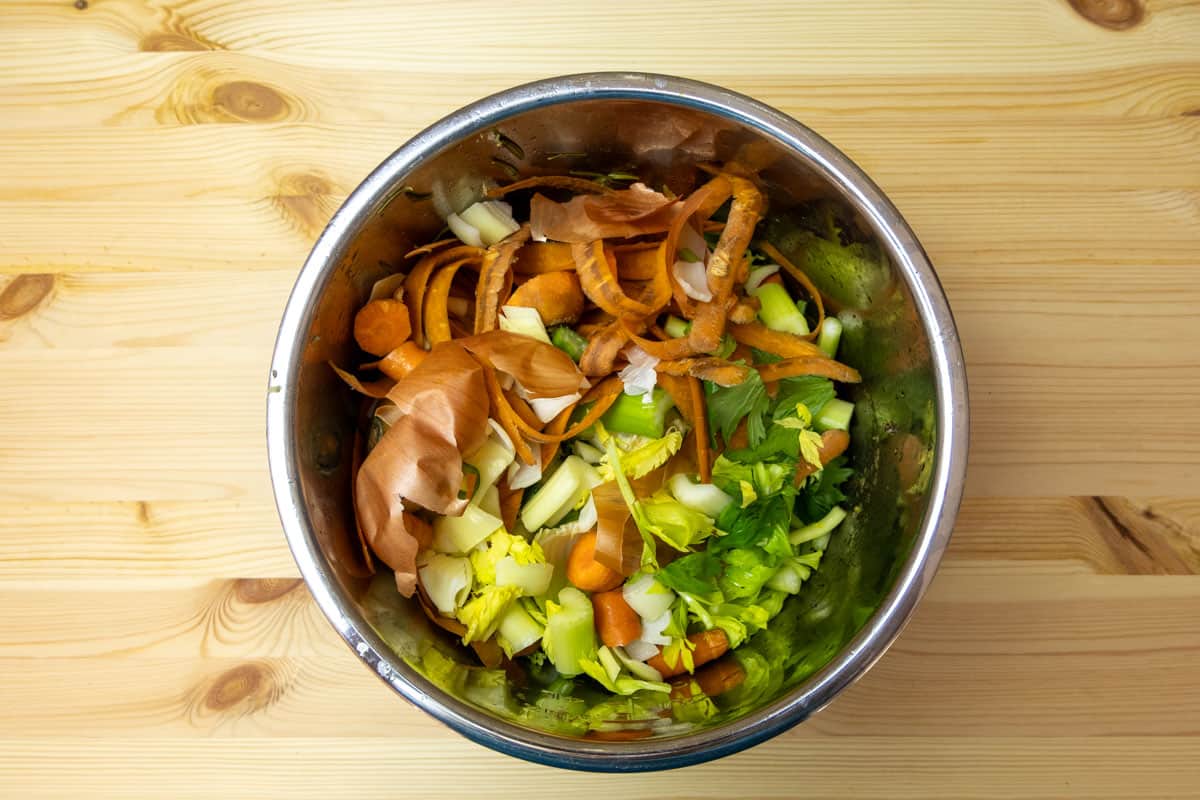 Instant Pot inner pot filled with vegetable scraps