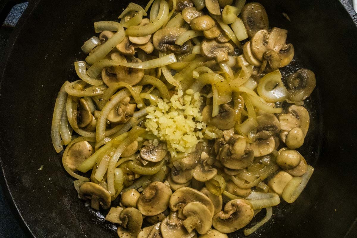 Mushrooms and onions with fermented garlic added.