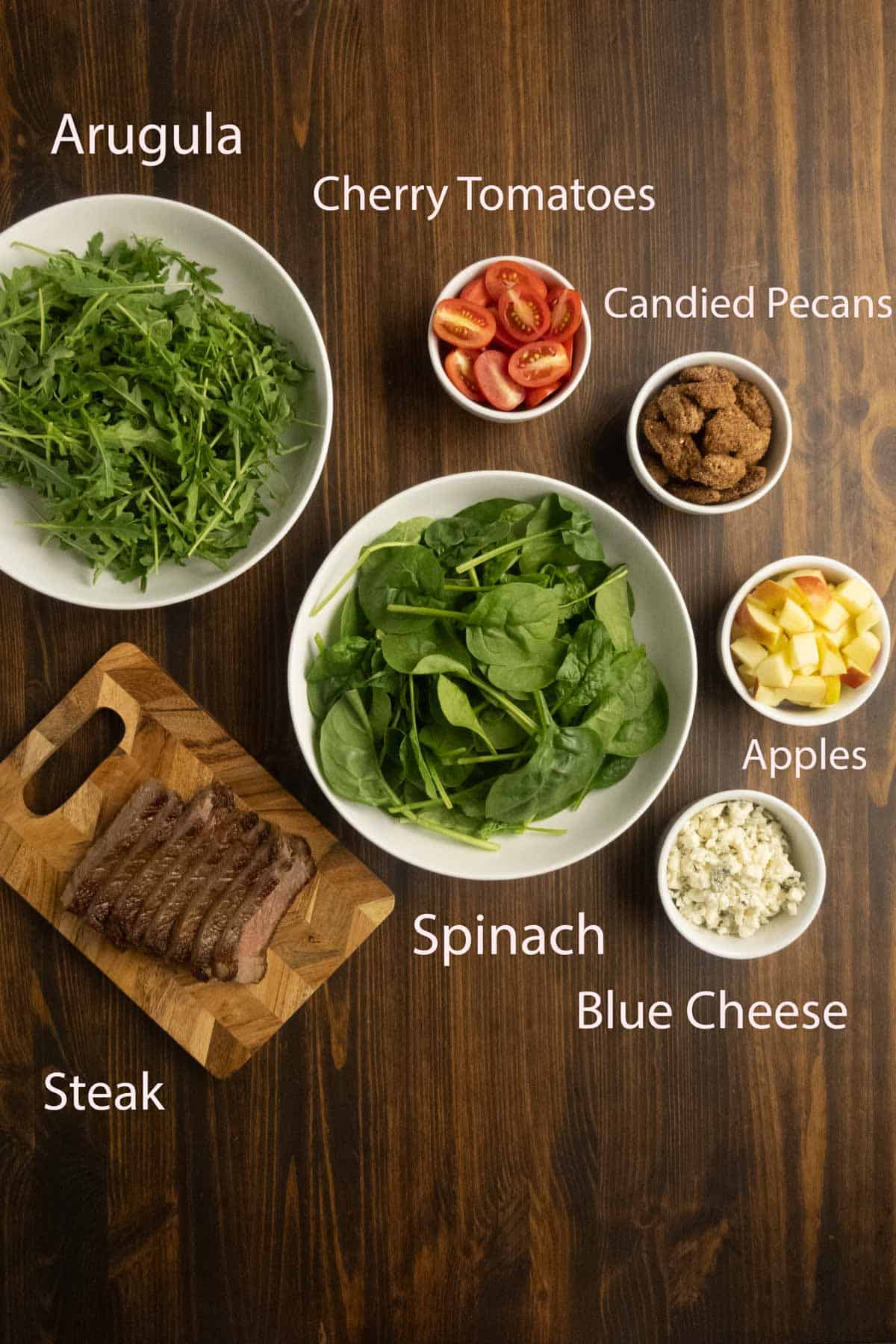 Ingredient shot of all of the components of the steak salad. 