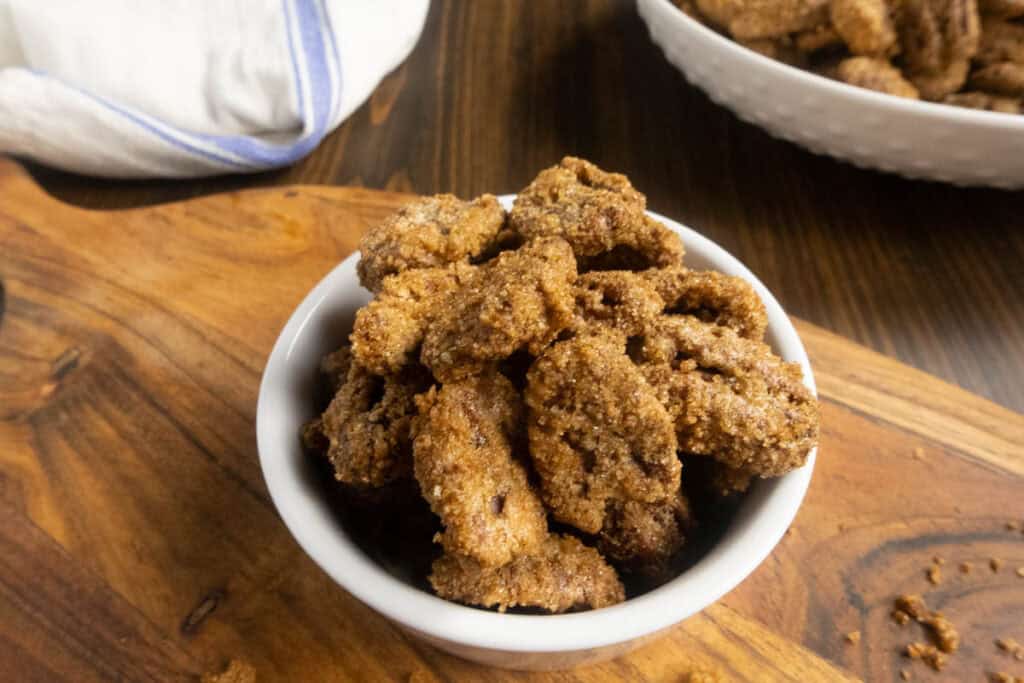 Bowl of cinnamon sugar pecans.