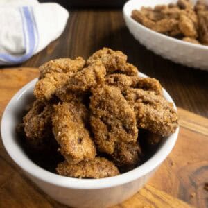 Candied pecans in a bowl.