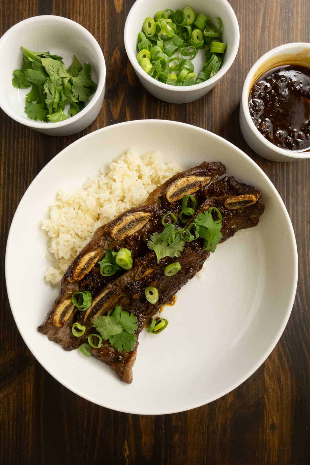 Flanken Beef Ribs on a plate with Coconut Rice with cilantro, green onions, and sauce.