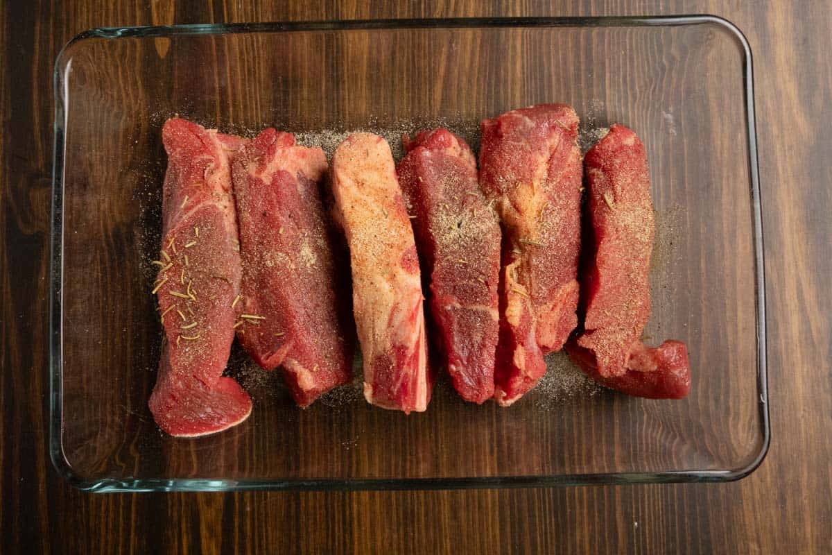 Boneless beef ribs that are about to be cooked.