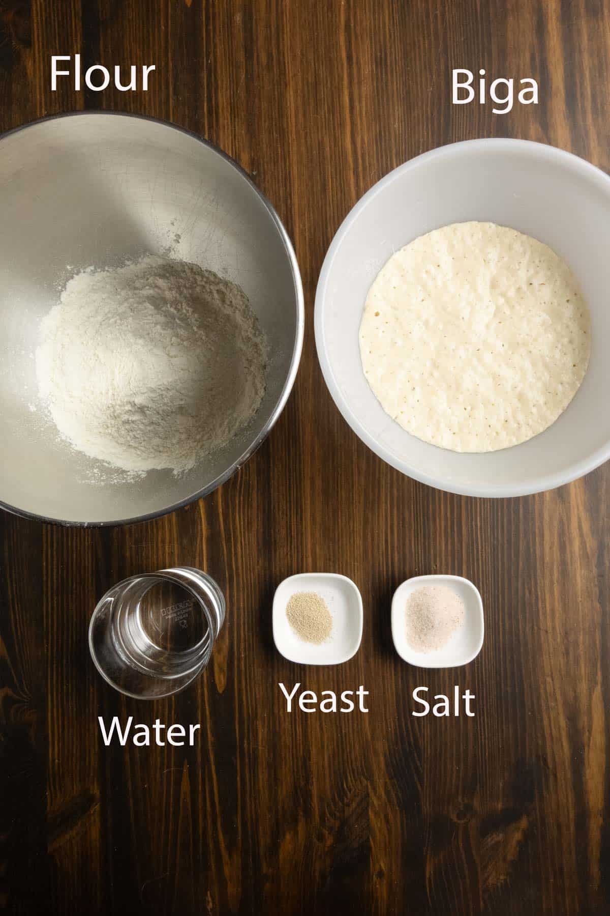 Ciabatta dough of biga, flour, water, and flour.