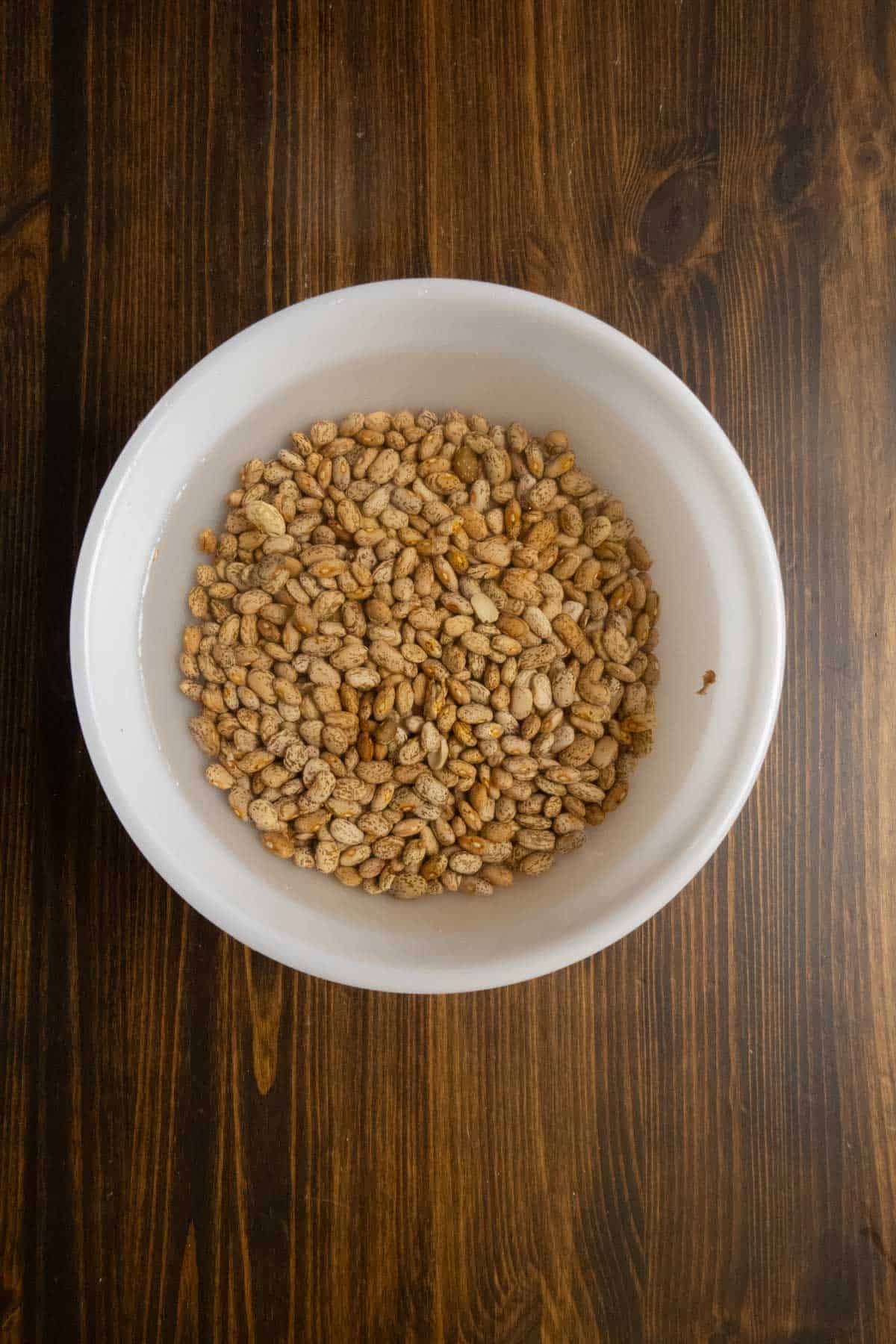Pinto beans covered in water with apple cider vinegar in it.