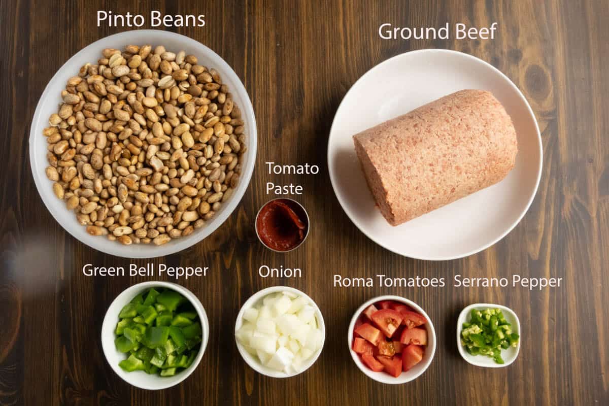Ingredient shot of beans, ground beef, and the vegetables.
