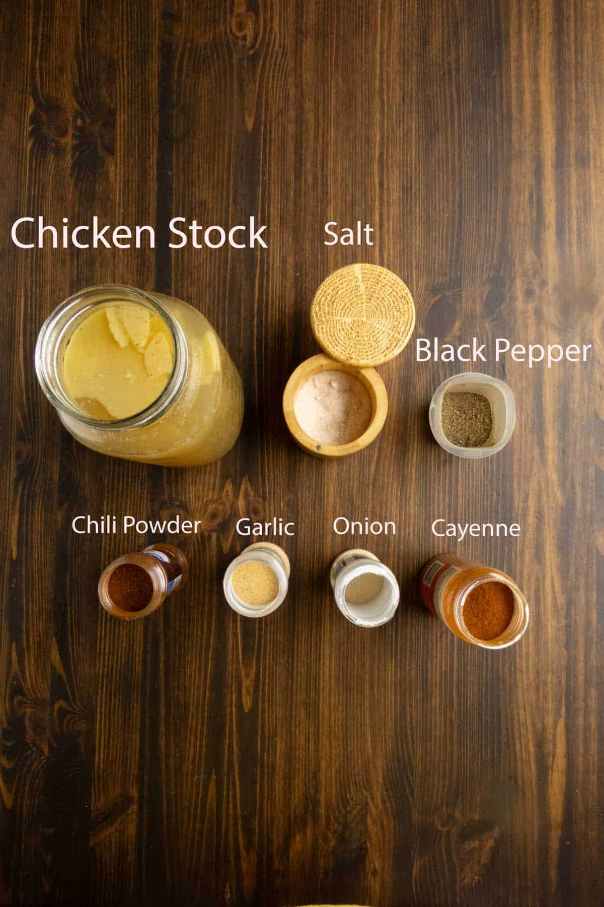 Ingredient shot of chicken stock and spices.