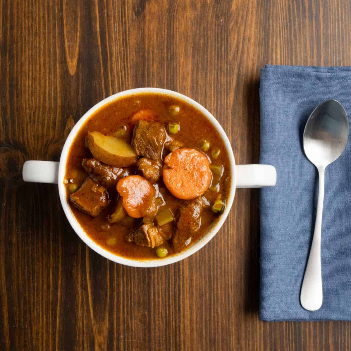 Bowl of stovetop beef stew ready to eat.