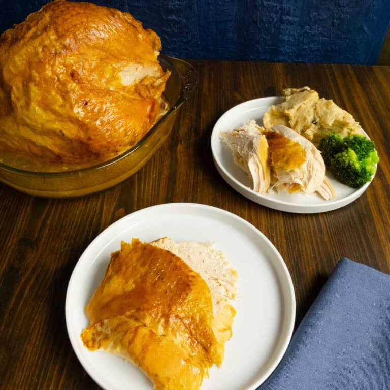 A piece of turkey on a plate with a whole turkey in the background and one with mashed potatoes.