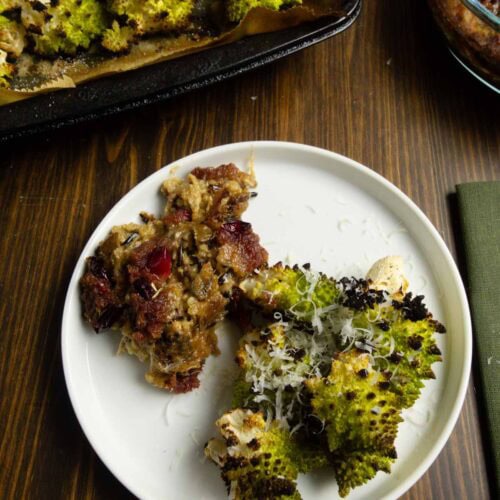 Close up on roasted Romanesco with chicken and wild rice casserole.