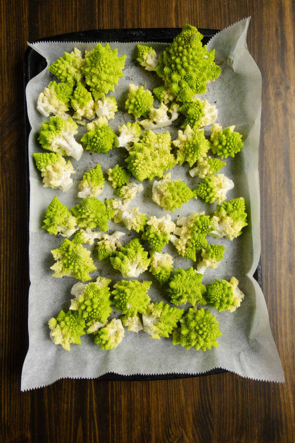 Tray of raw Romanesco ready to bake.