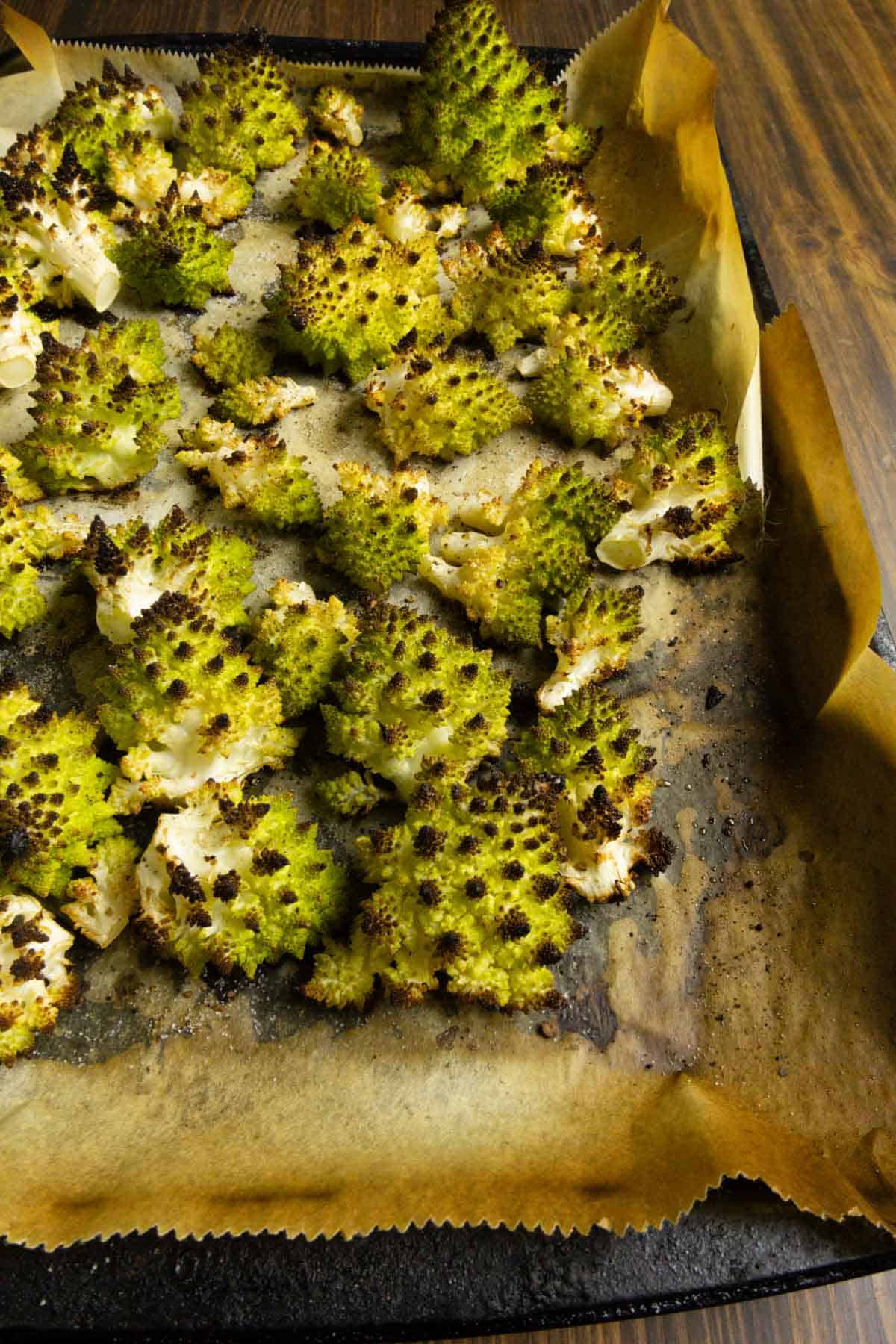 Roasted Romanesco on a baking sheet.