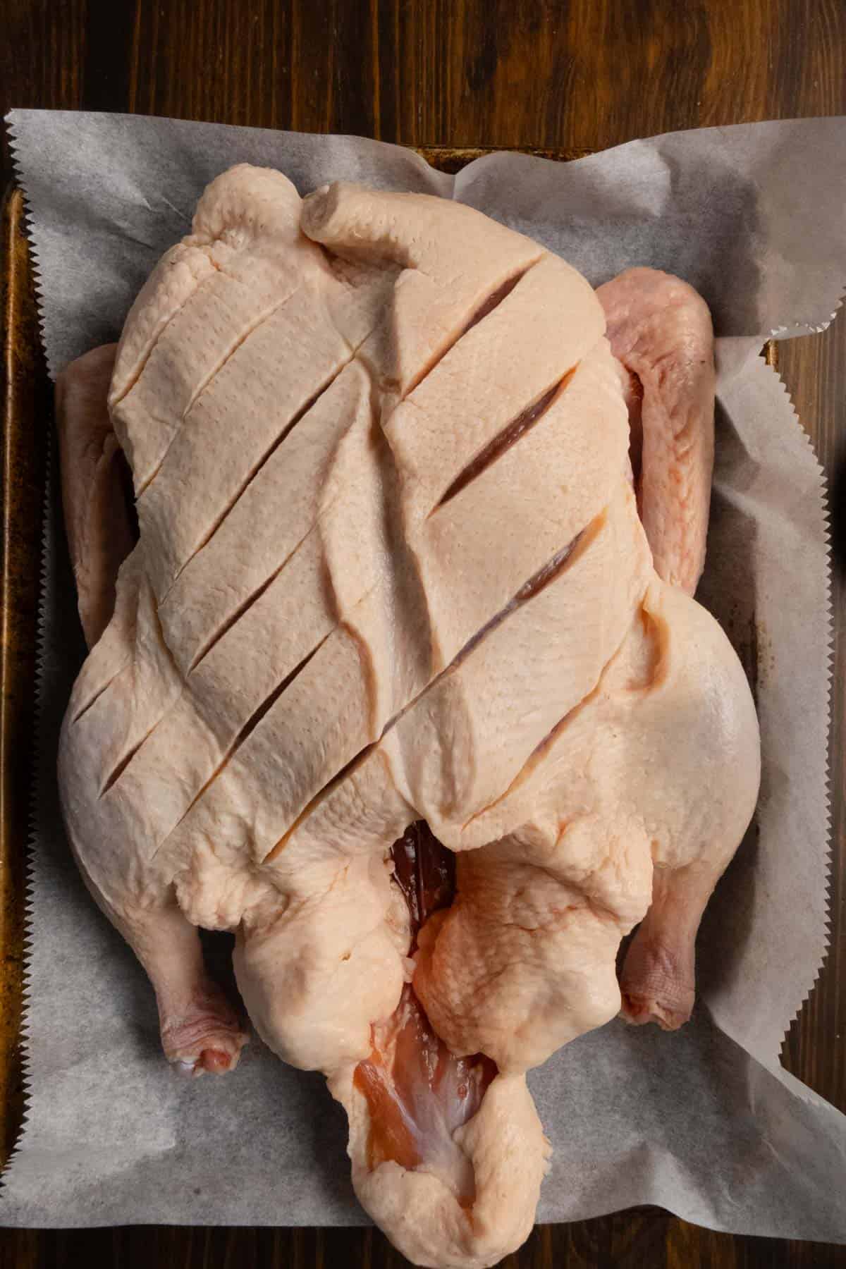 A whole duck on a baking sheet with cuts diagonally through it.