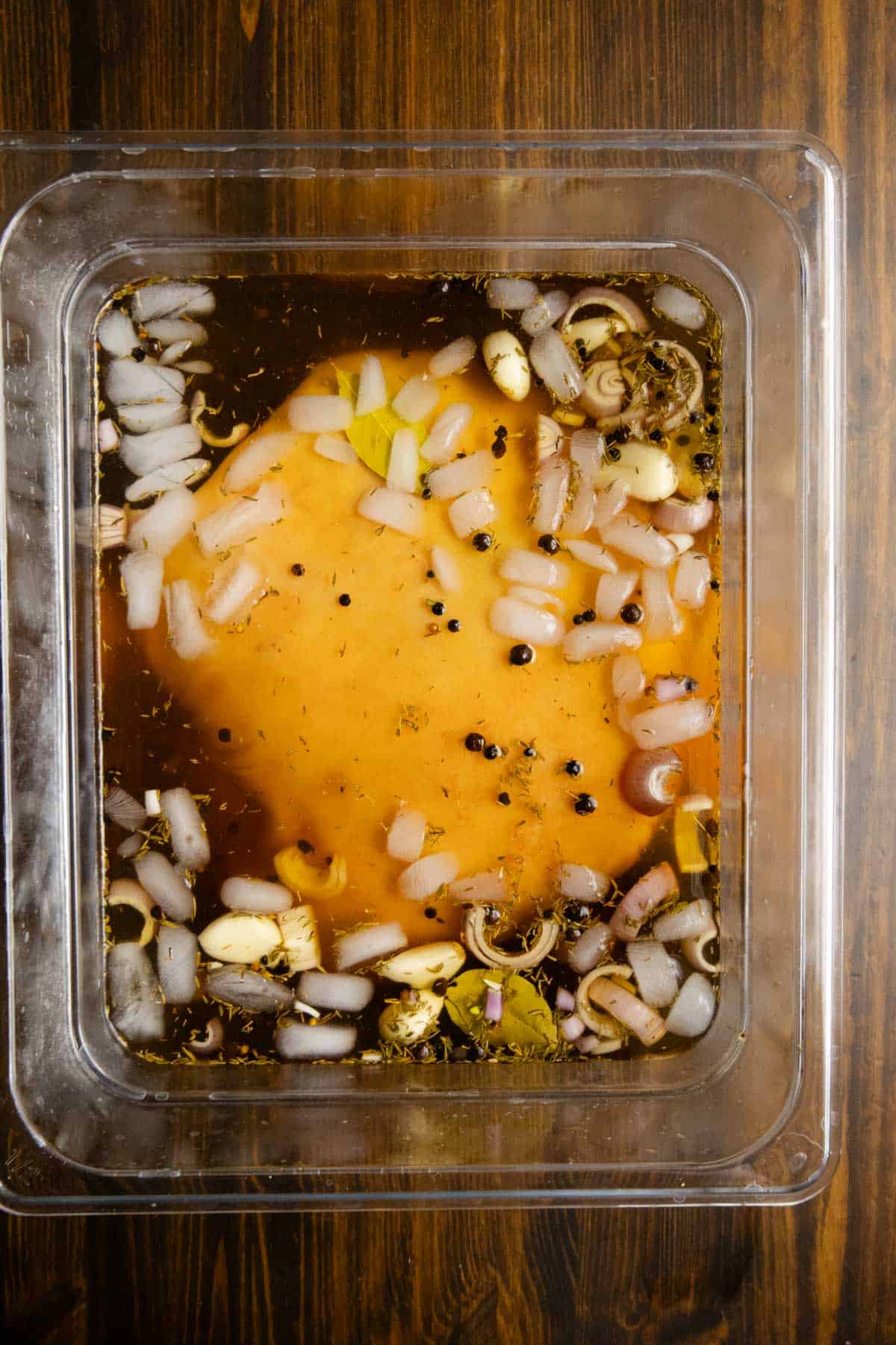 Brine with a 9 pound pork shoulder in it, fully submerged.
